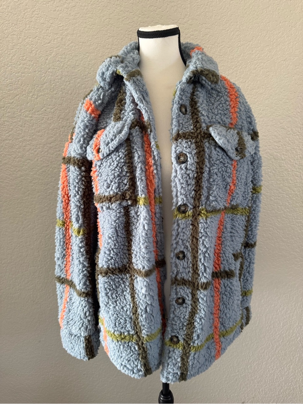 NWT RSQ Sherpa Plaid Shacket Jacket Blue Plaid Teddy Fleece Large Tillys